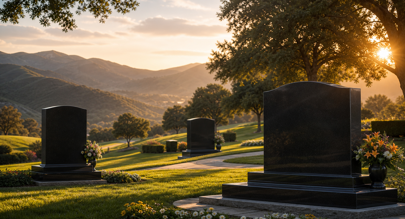 Golden-hour memorial park with blank polished granite monuments among rolling hills